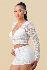 TIE LACE LONG SLEEVE TOP WHITE . / Top Blousa #20