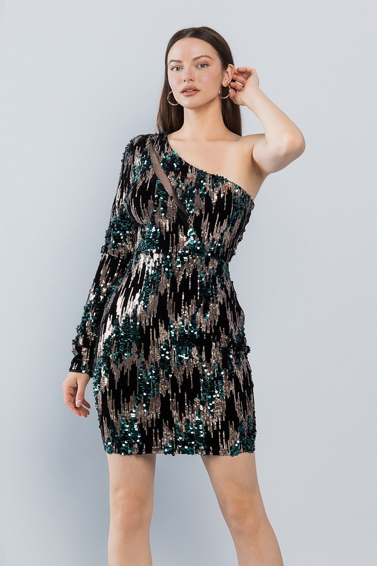 Benny Sequins Mini Dress Gold and Green ONE SHOULDER #12