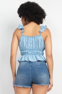 Denim Crop TOP Ribbon Frill Elastic.