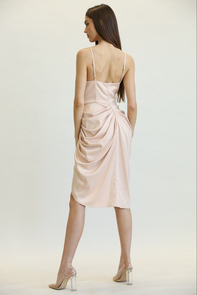Ross Satin Beige Draped Midi Dress #F