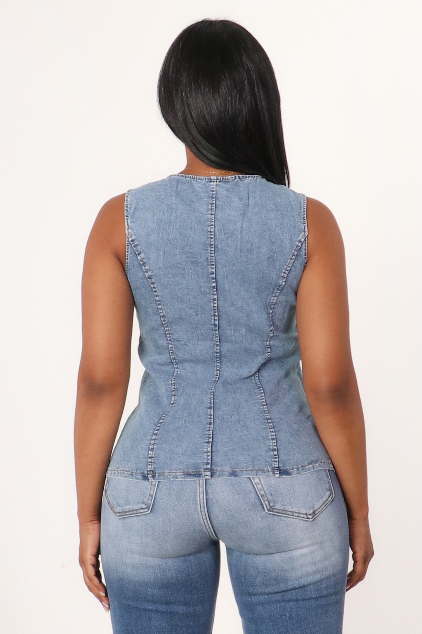 Multi Shape Button Trim Denim Blouse
