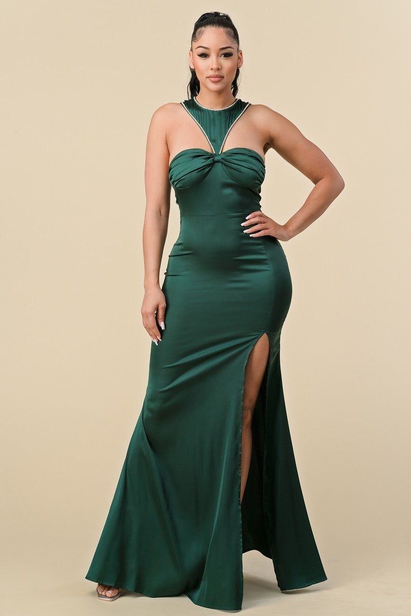 Sandy Maxi Dress Two colors Neckline Binding Satin # 12