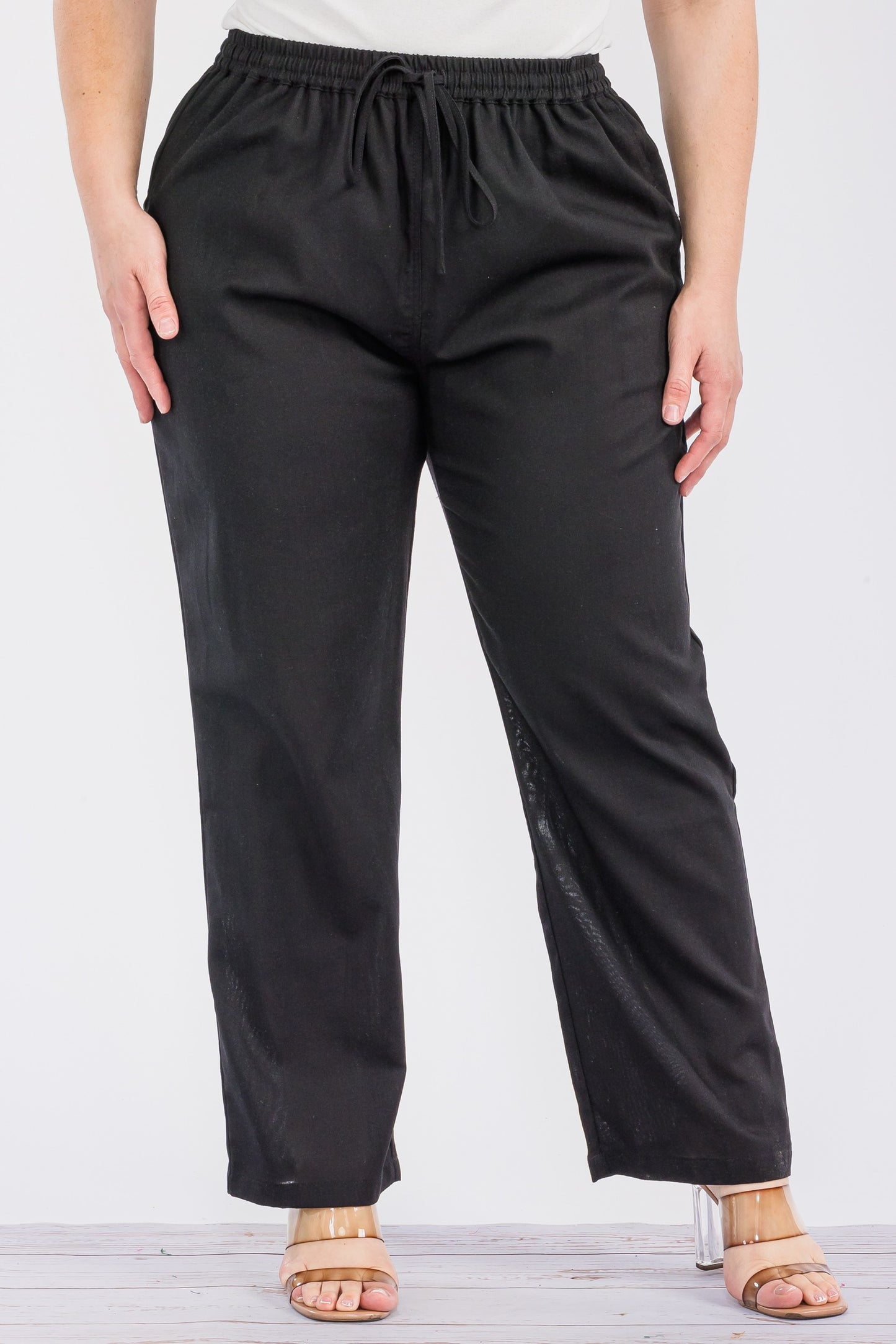 Renata Plus Black Linen Pull-on Pants