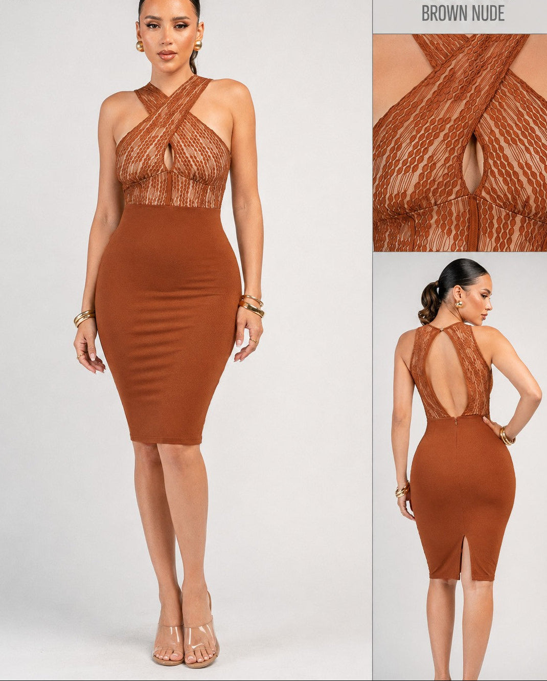 Lucia Crepe Halter Cross Lace Open Back Midi Women Dress