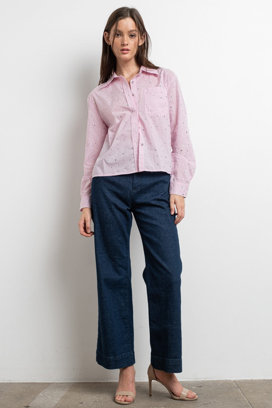 Rita Rhinestone shirt LIGHT PINK STRIPED Woman Blouse #T