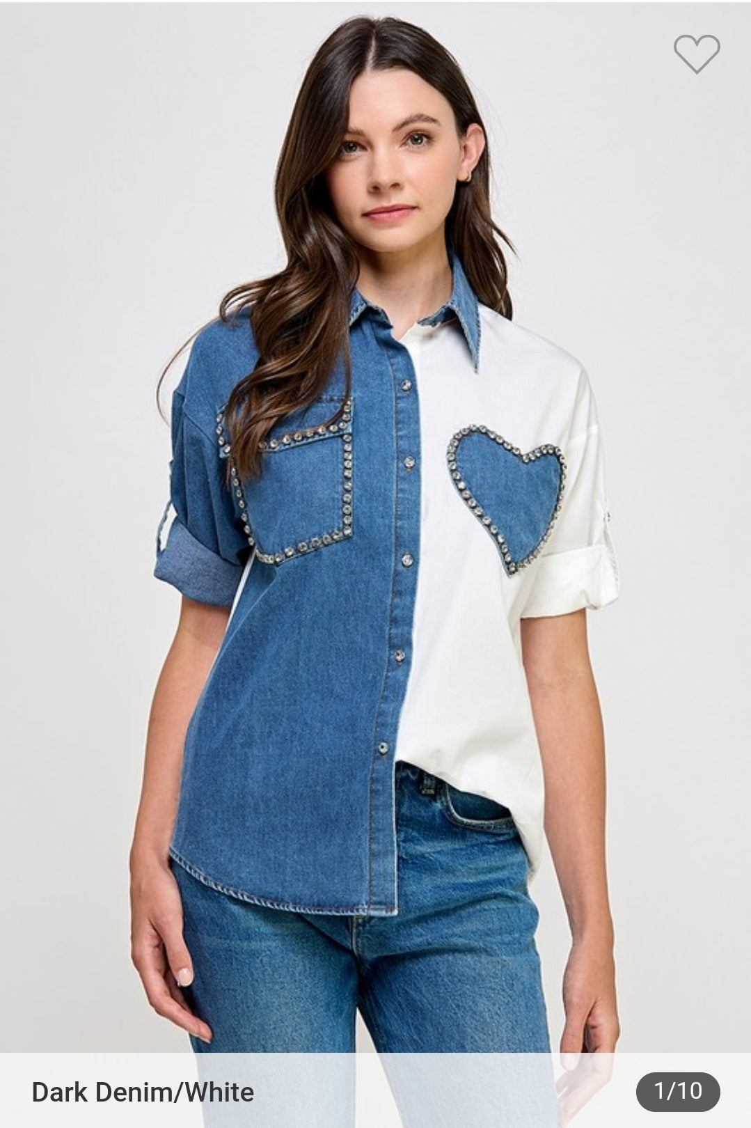 Alexa Denim Blouse Heart Rhinestone #A