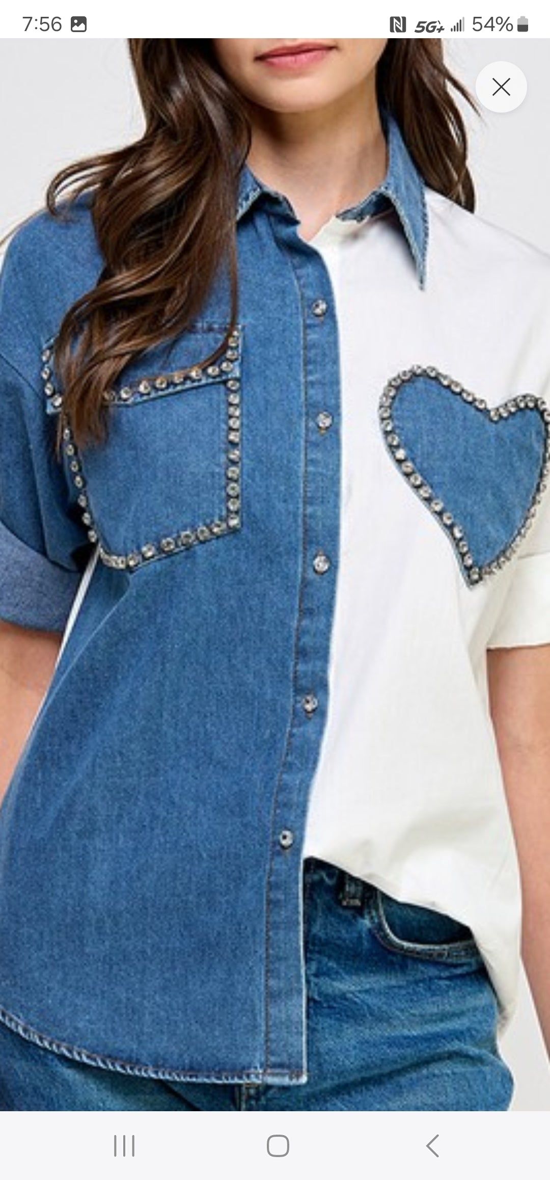 Alexa Denim Blouse Heart Rhinestone #A