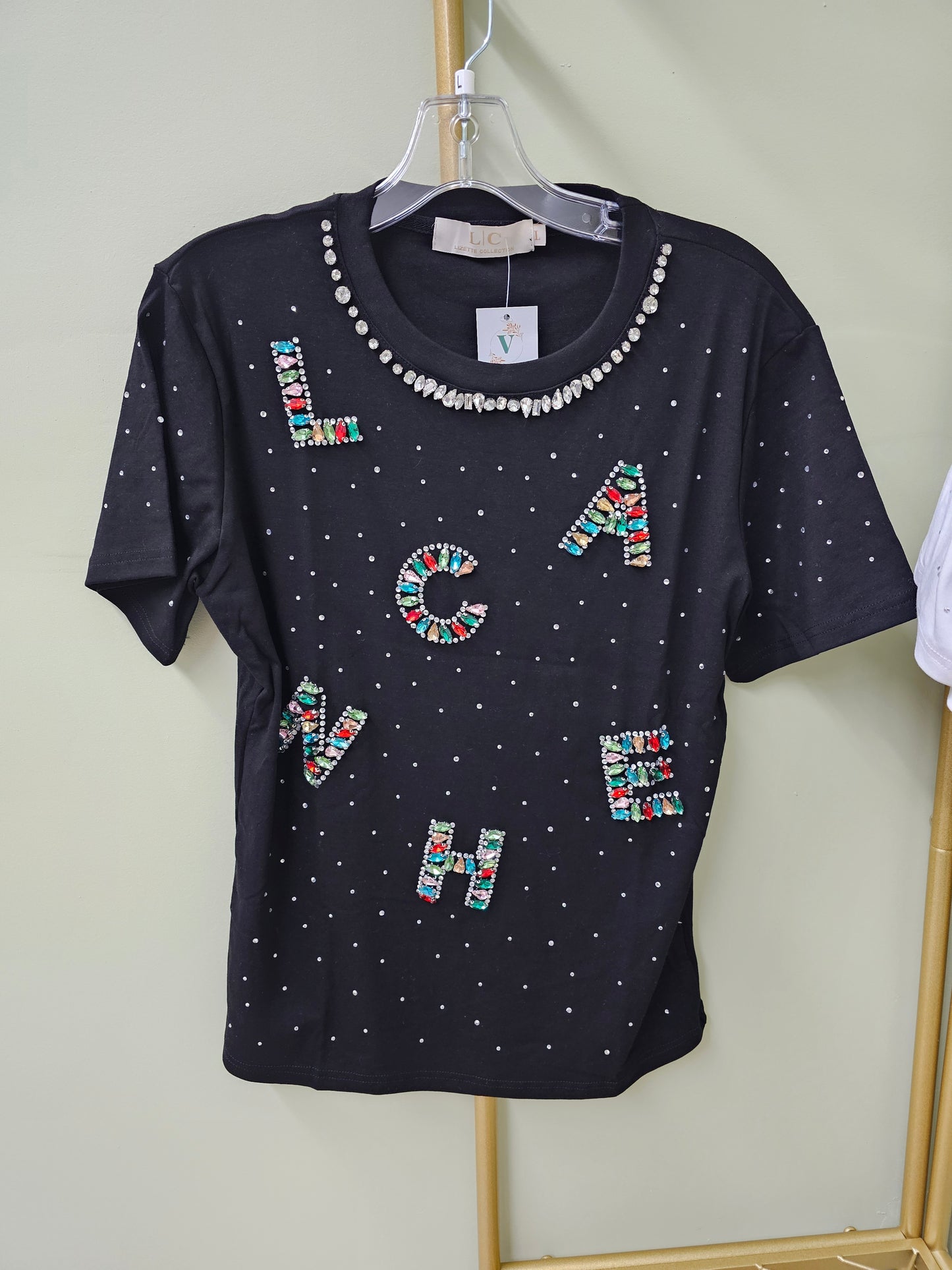 Rainbow Black T-shirt Rhinestone Colors #T