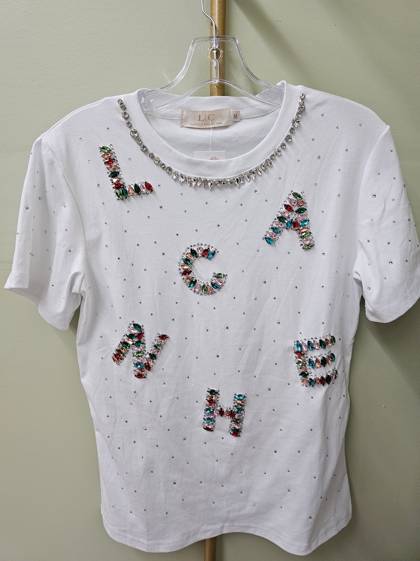 Rainbow Letter White T-shirt Rhinestone Colors #T