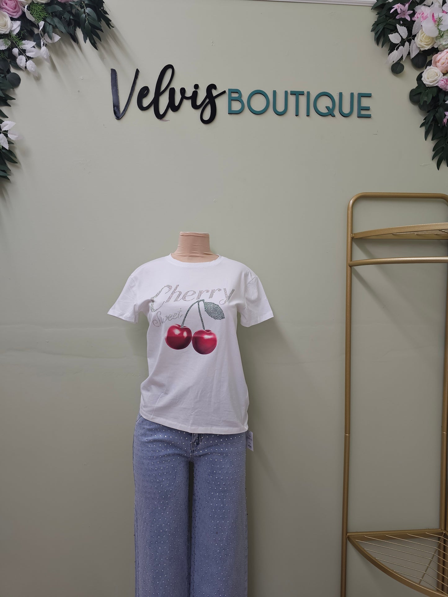 Cherry's white Rhinestone T-shirt #T
