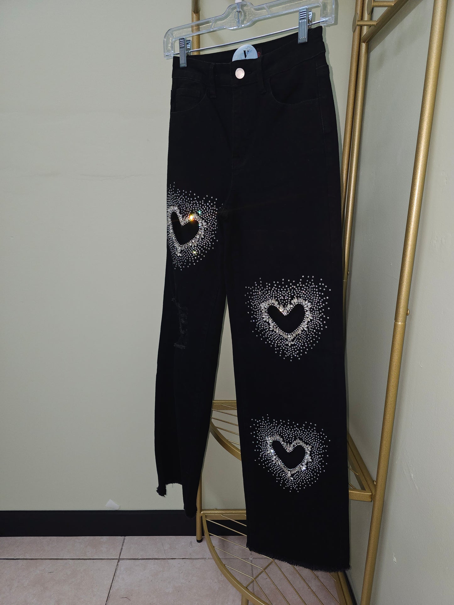 3 Heart Denim Jeans Rhinestone #T
