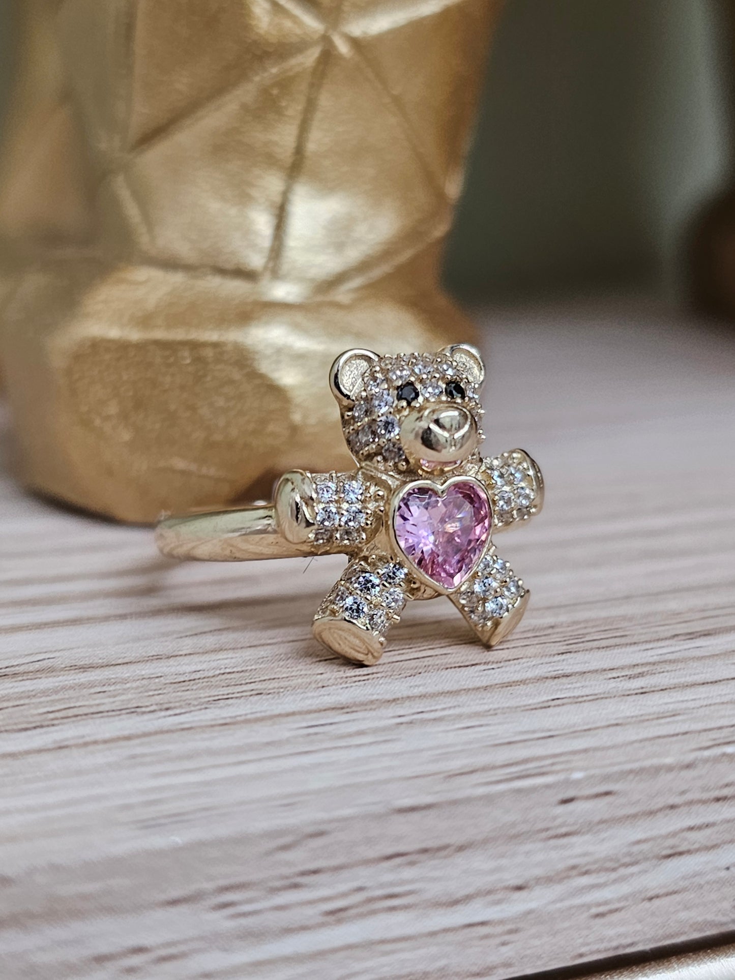 10k Gold Bear ring with pink heart #25