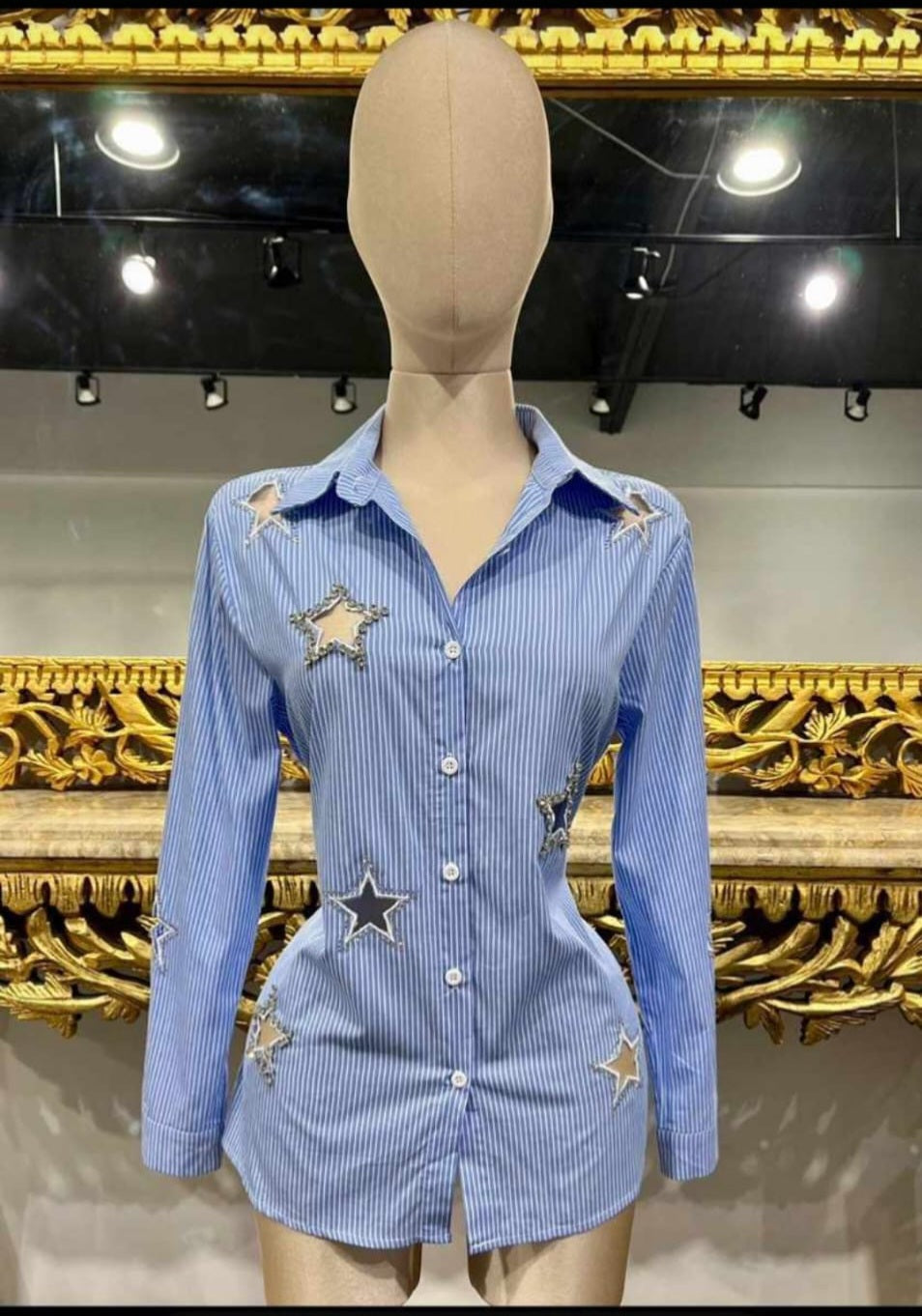 Blue stars Rhinestone Long-sleeved blouse #A