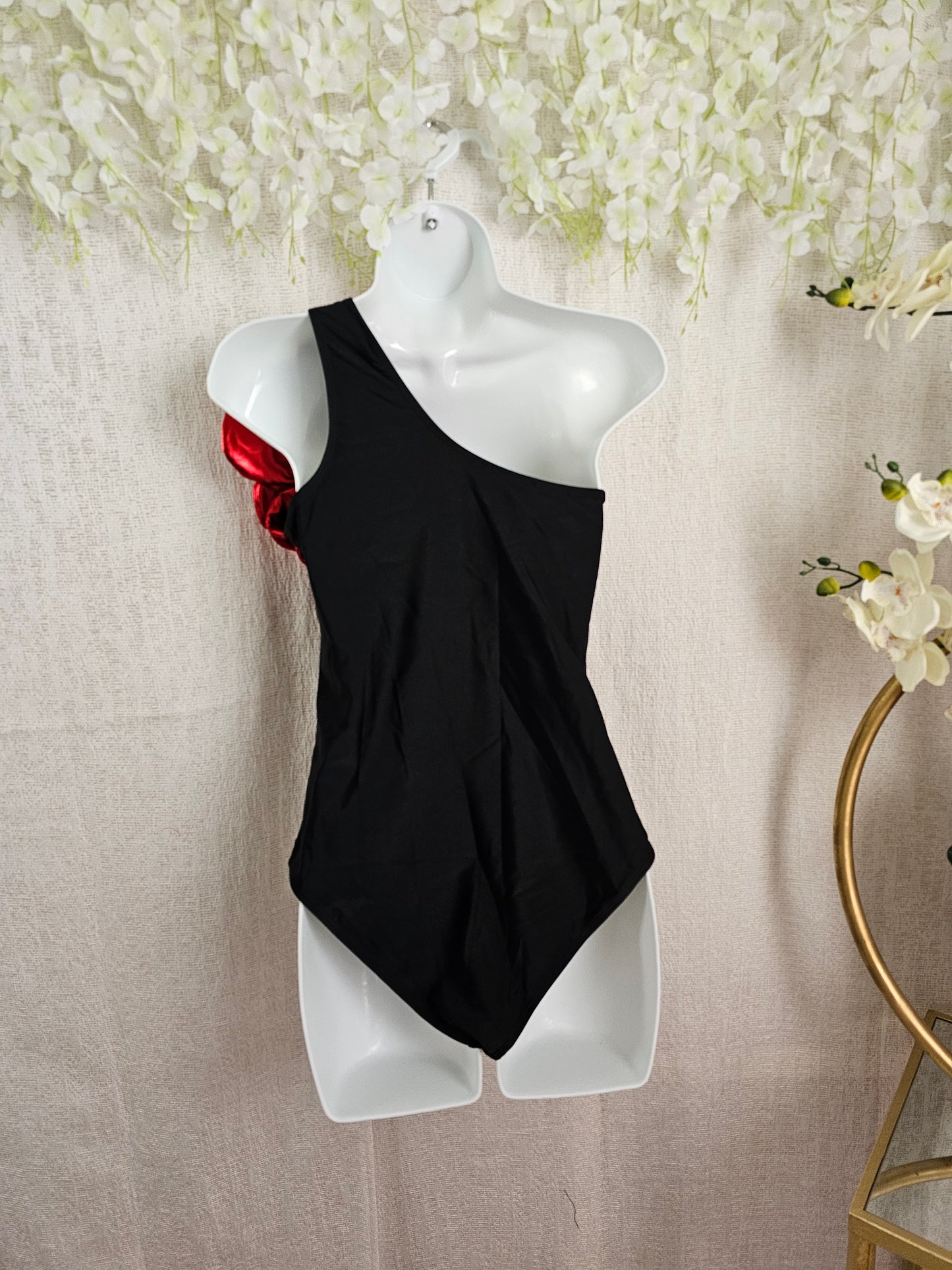 Body black flower red one shoulder #A