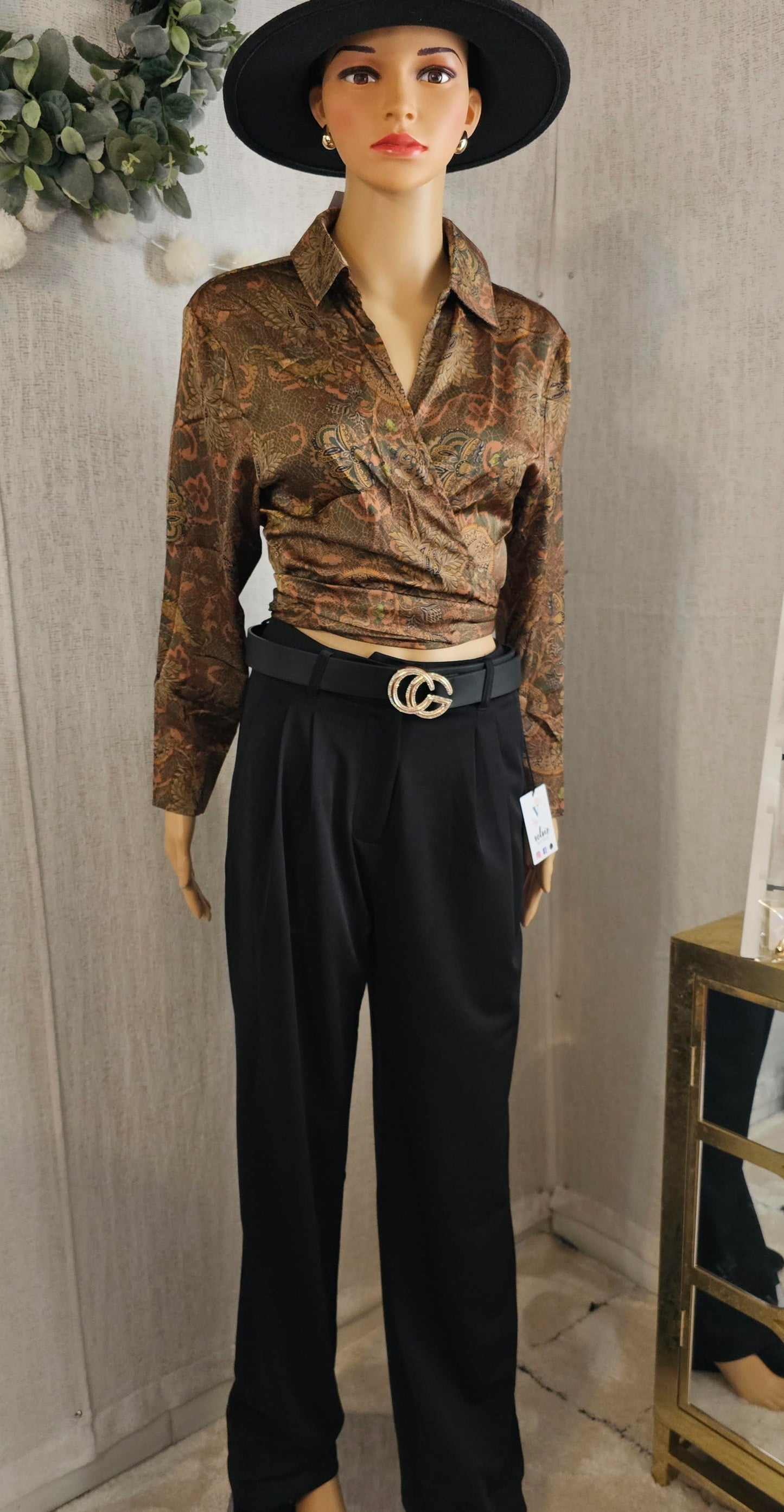Aaron Top Blouse Satin Brown tie wrap