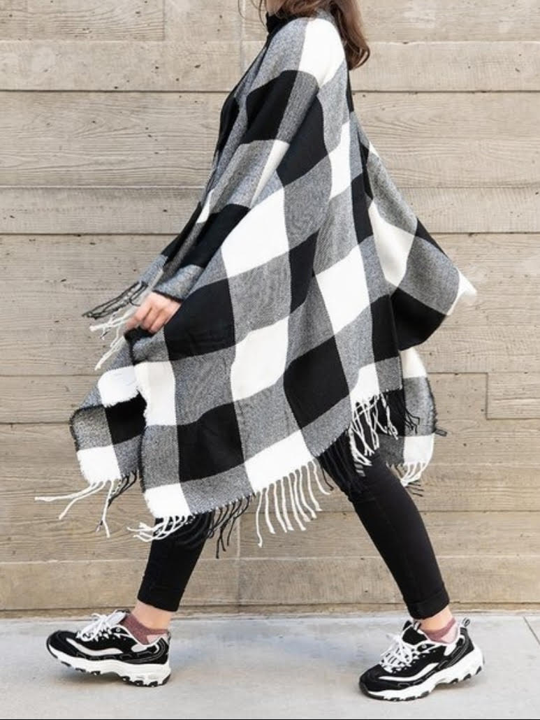 Plaid Pattern Poncho.#1