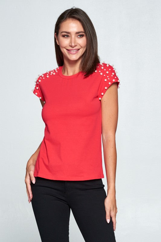 Cap sleeve with pearls top t-shirt