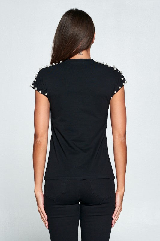Cap sleeve with pearls top t-shirt