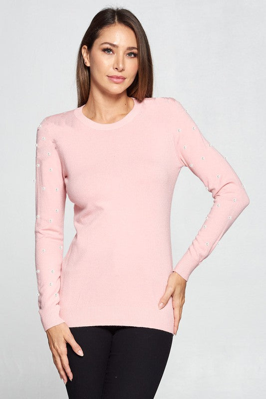 Knit Long Sleeve with Pearls Blush. / Sueter