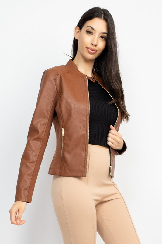 Aly Front Zip Faux Leather Racer Jacket Camel