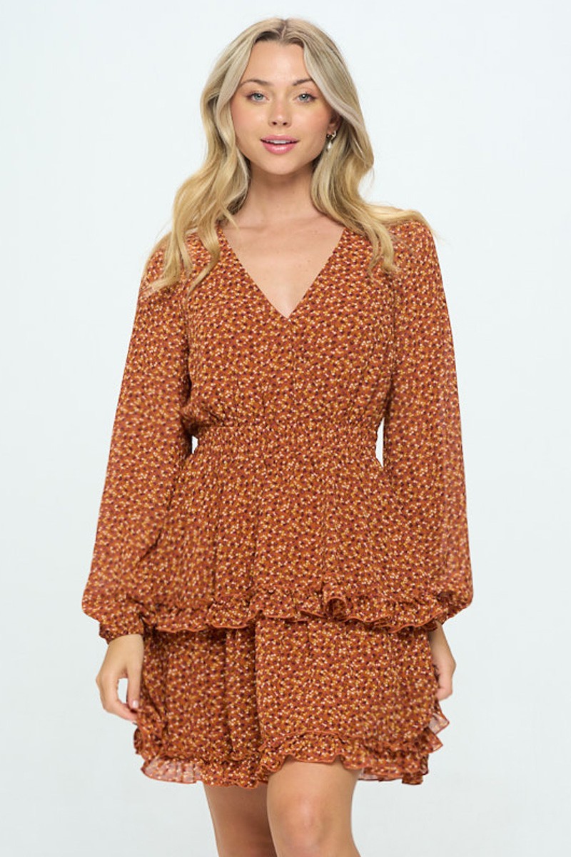 Vestido largo de chifón escalonado con manga larga y estampado de flores naranjas #T