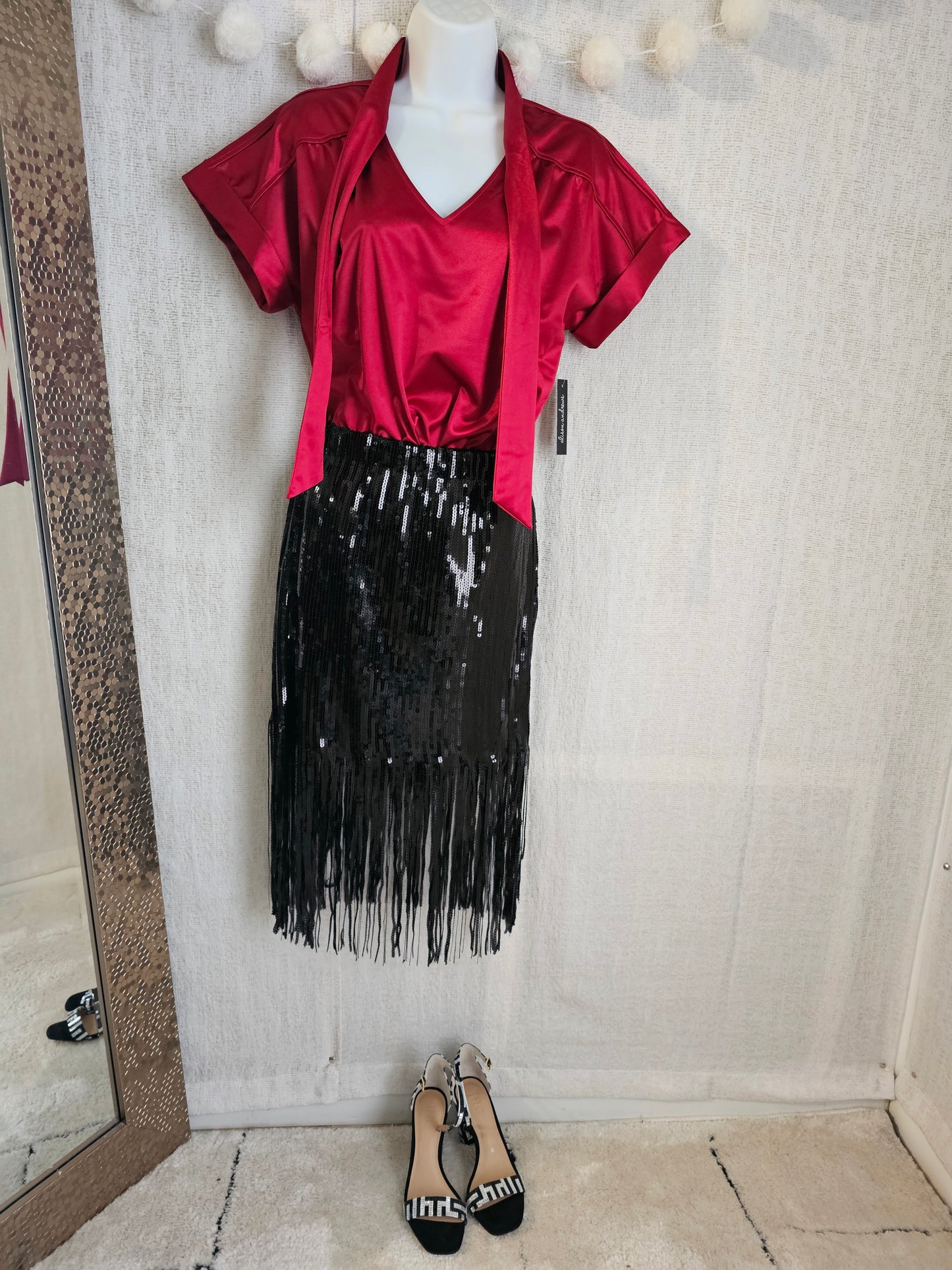 Black Sequin Fringe Midi Skirt, Falda de lentejuela #B