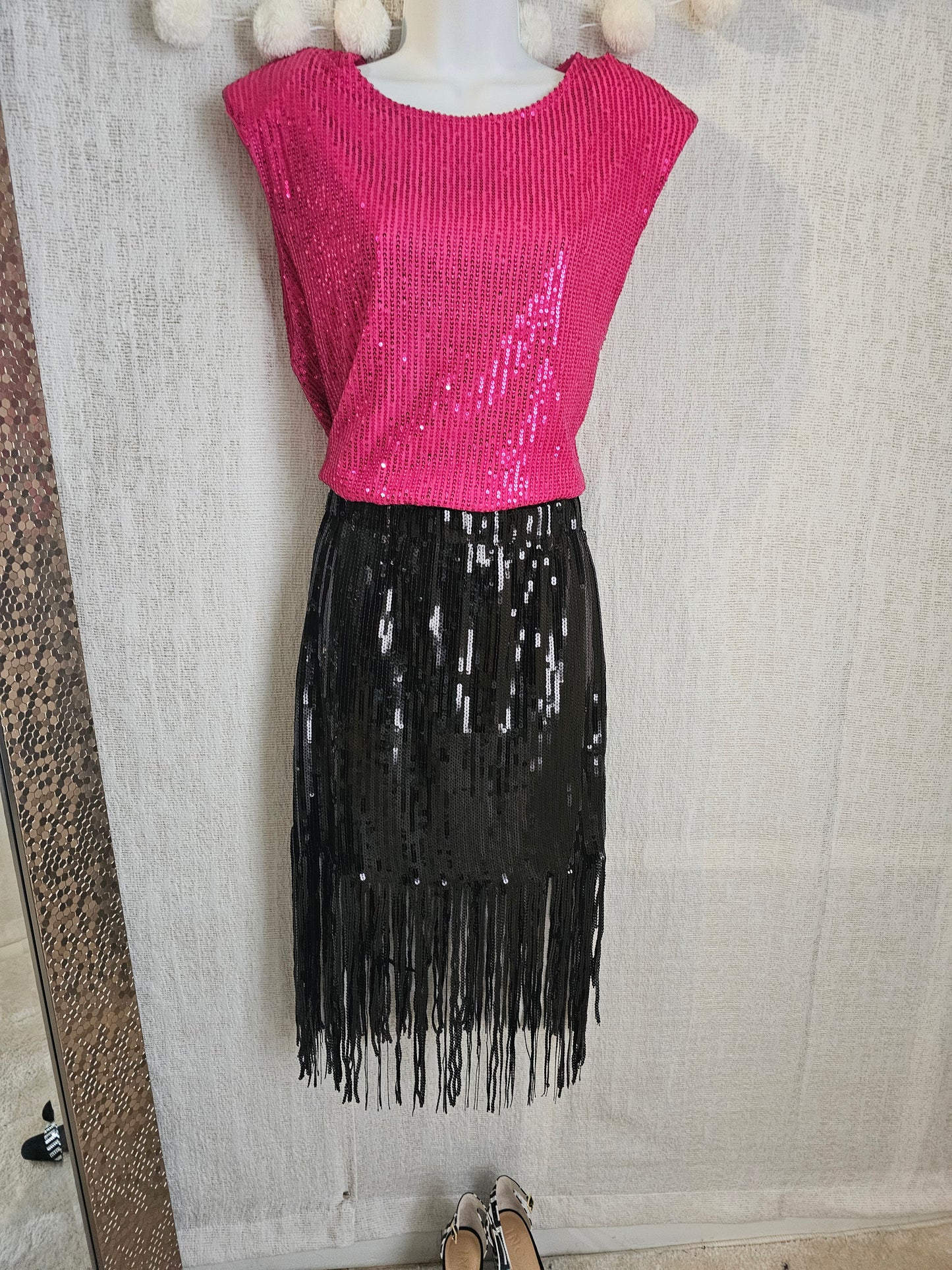 Black Sequin Fringe Midi Skirt, Falda de lentejuela #B