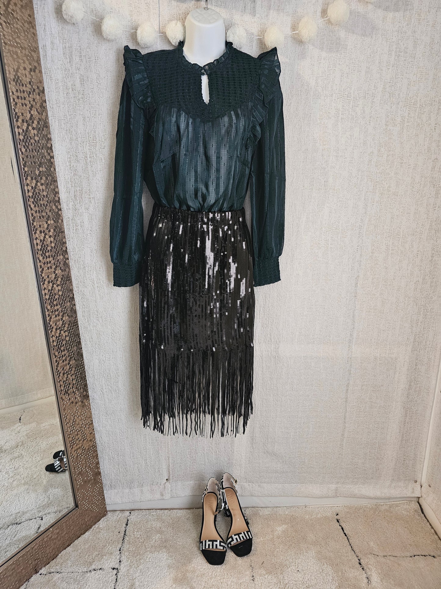 Black Sequin Fringe Midi Skirt, Falda de lentejuela #B