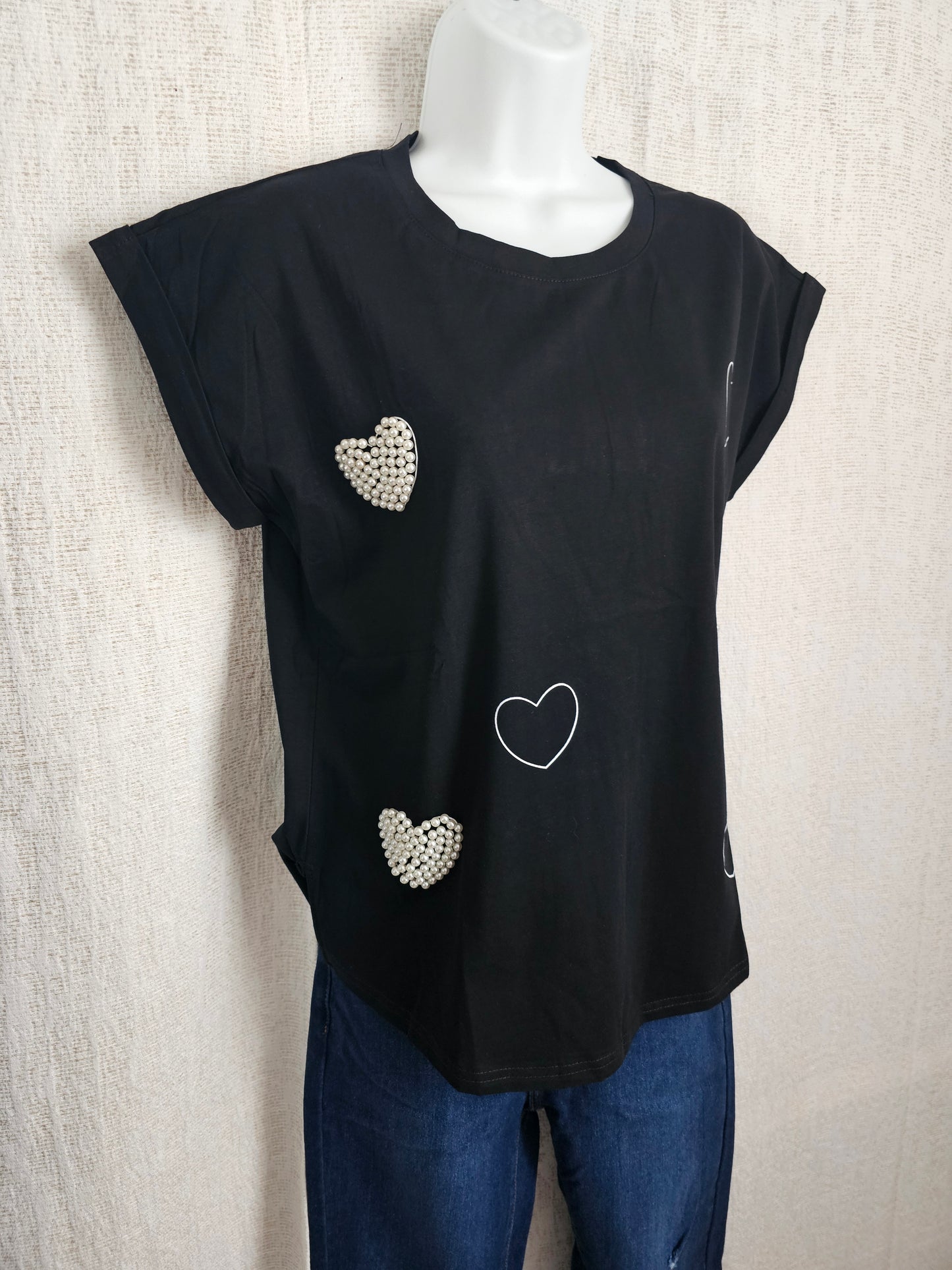 Pearl Hearts T-shirt Black / Blusa de corazones con perlas