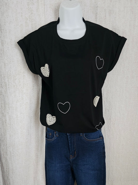 Pearl Hearts T-shirt Black / Blusa de corazones con perlas