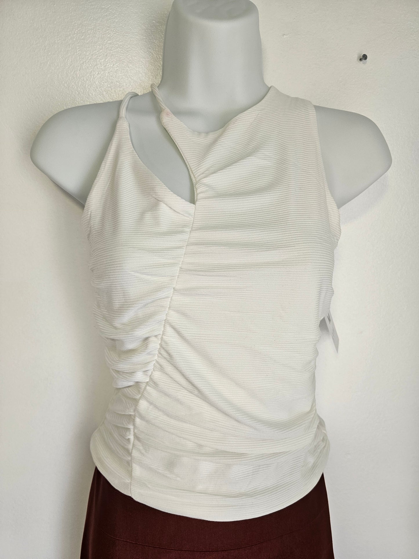 White Basic Top Cut-Out Rushed  Sleeveless