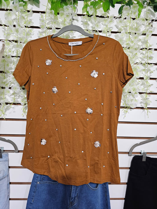 Emely Embellished T-shirt Brown #*