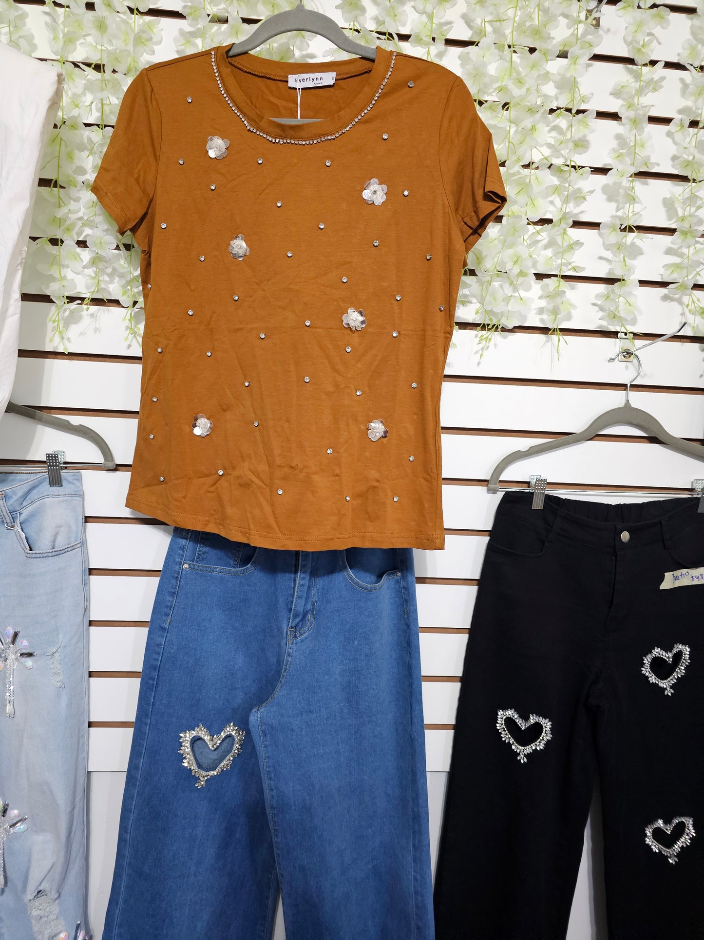 Emely Embellished T-shirt Brown with Rhinestone #T