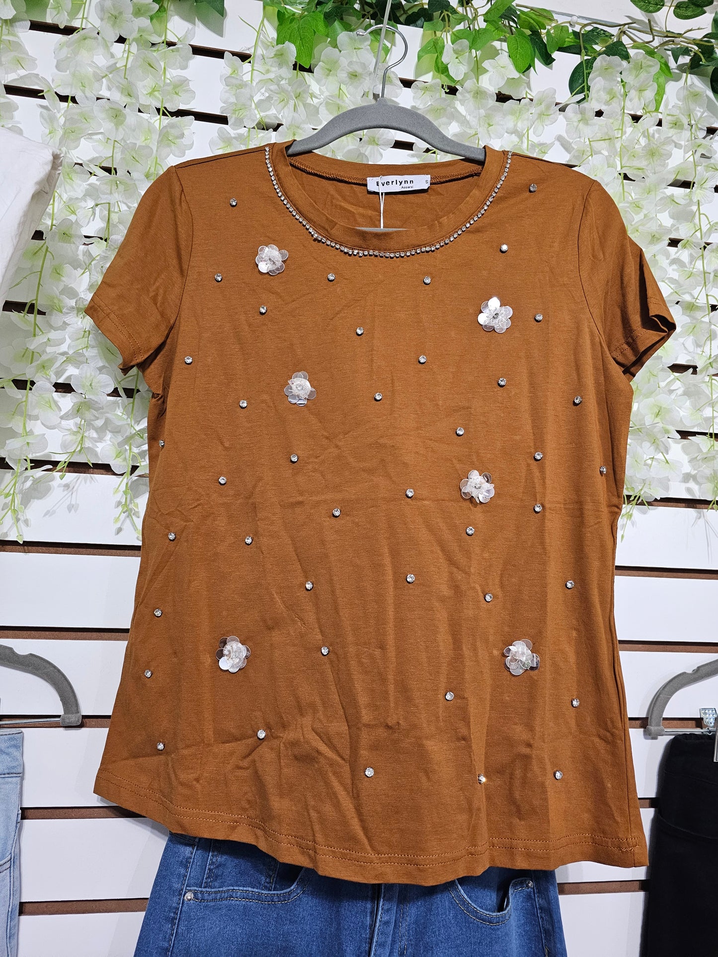 Emely Embellished T-shirt Brown with Rhinestone #T