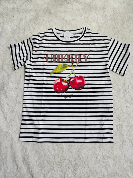 Cherry's striped t-shirt rhinestone white top #*