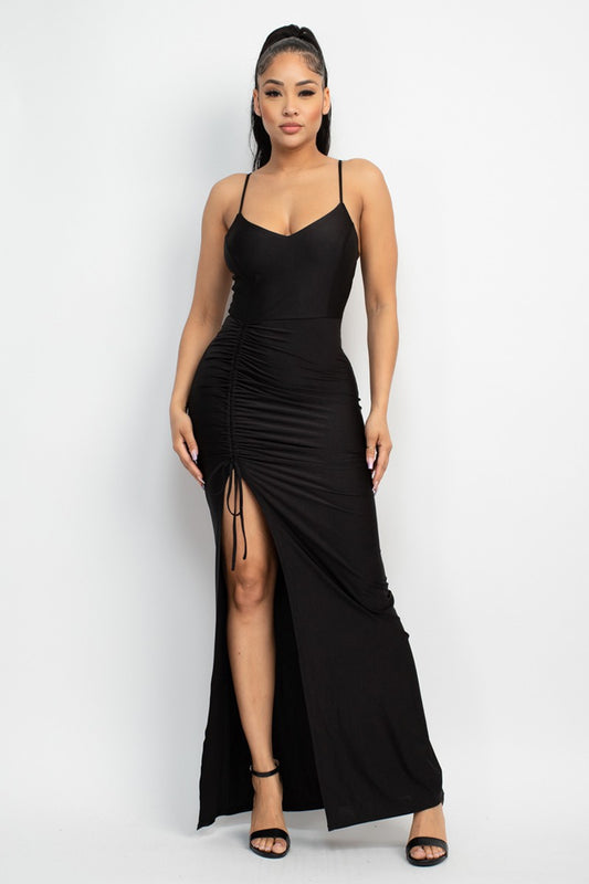 IRIS MAXI DRESS Side Slip tie Ruched Black #7