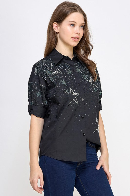 RHINESTONE DETAIL BUTTON DOWN SHIRT #*