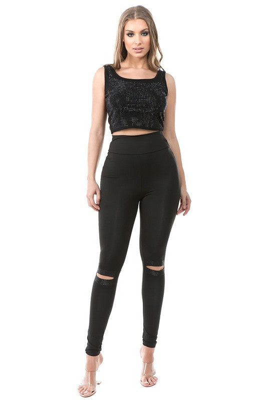 REYNA RHINESTONE & TANK CROP TOP Black #T