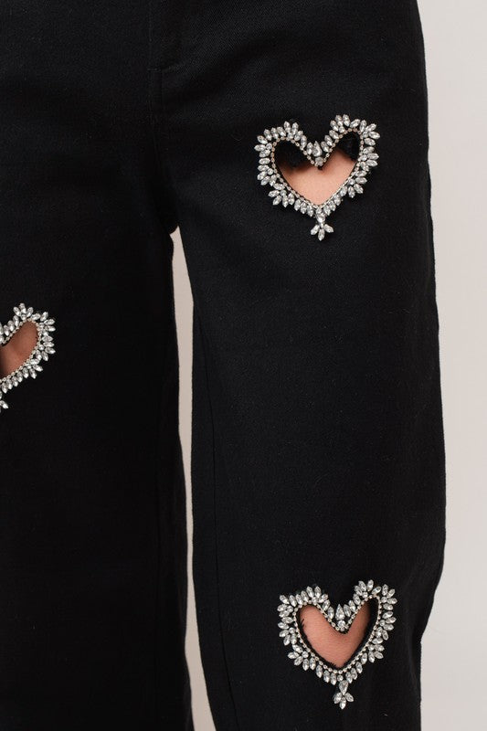 Beatris Heart Rhinestone Trim Pants Black