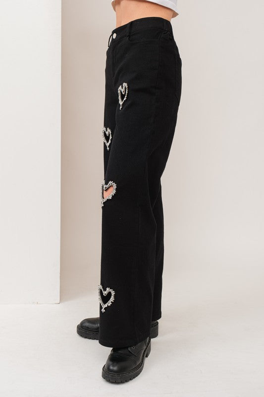 Beatris Heart Rhinestone Trim Pants Black