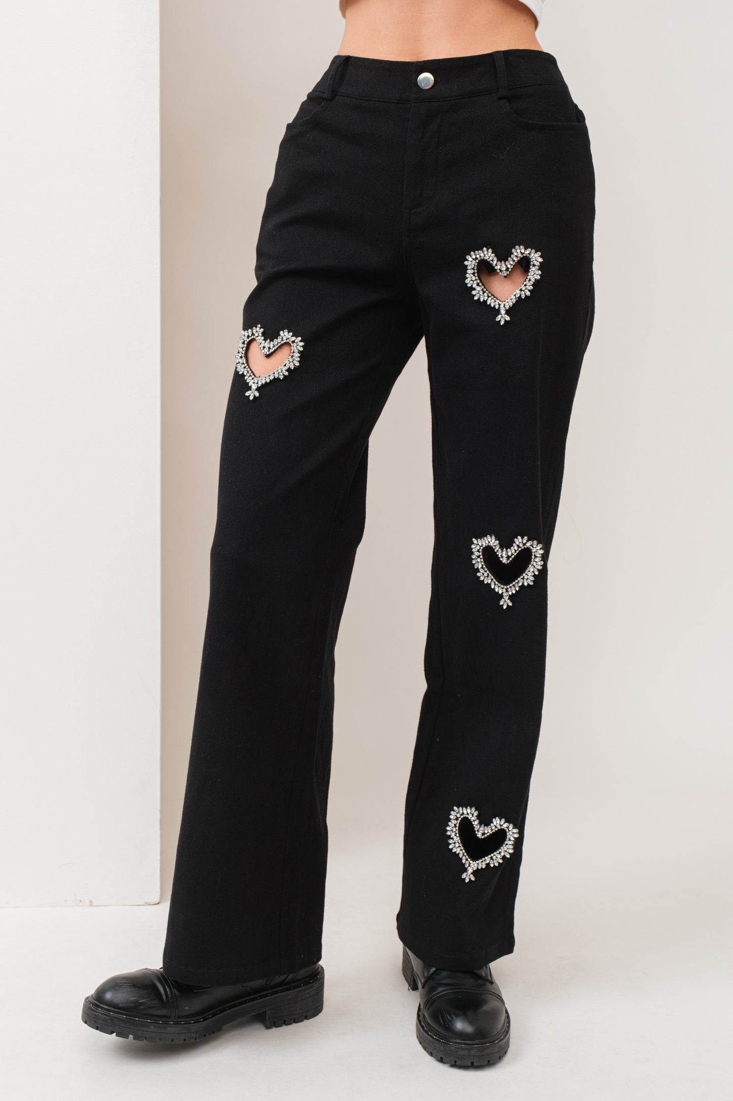 Beatris Heart Rhinestone Trim Pants Black