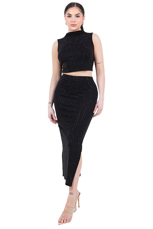 HIGH NECK CROP TOP RHINESTONE SLIT MIDI SKIRTS SET