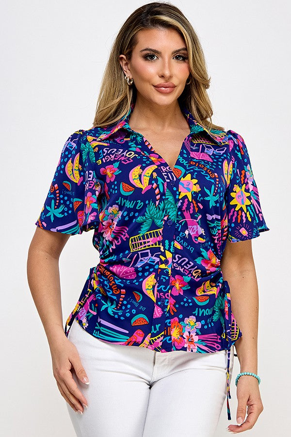 Printed Flutter Sleeve Button Down Top