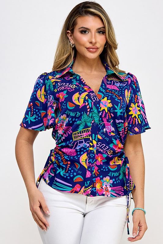 Printed Flutter Sleeve Button Down Top