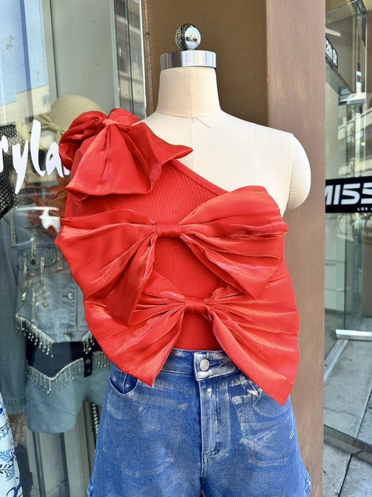 Womens one shoulder top with 3 bows Top Red