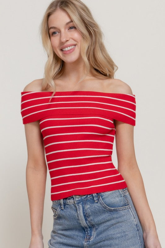 America Off The Shoulder Red Blouse Stripe Spring Top