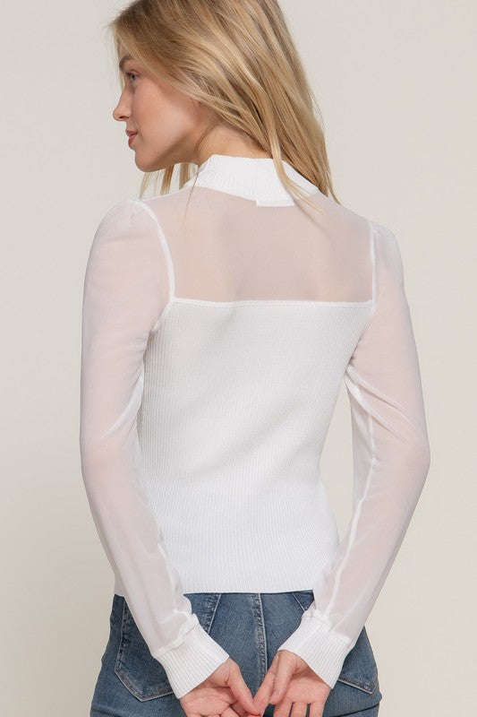 Long Sleeve Mesh Panel Detail Sweater Top white
