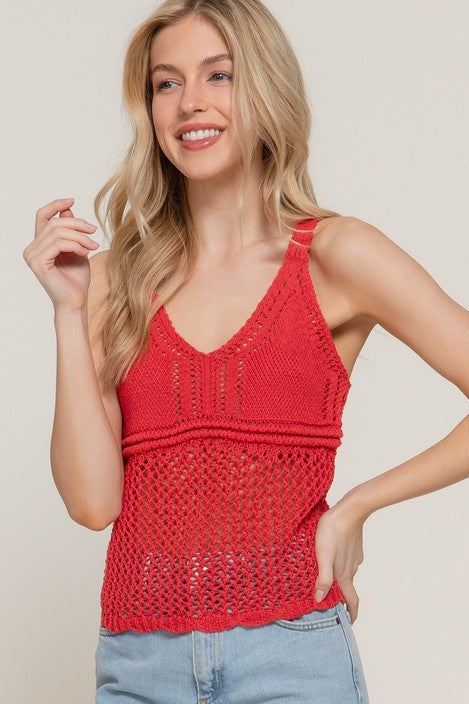 Victoria women Red Top V-neck Crochet Spring knit