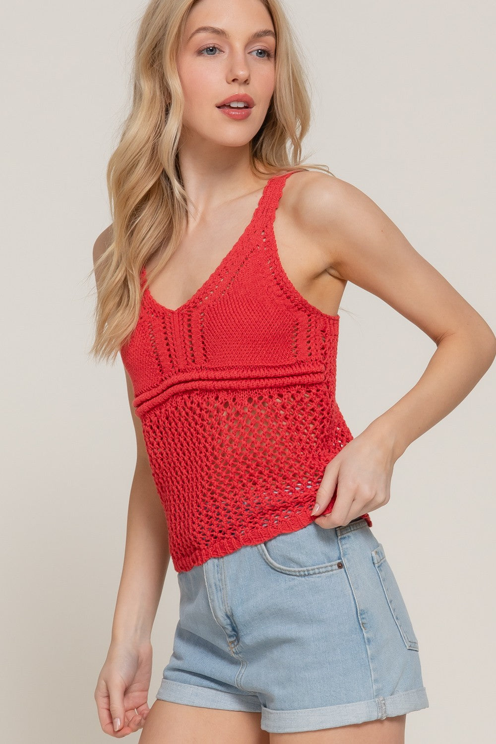 Victoria women Red Top V-neck Crochet Spring knit