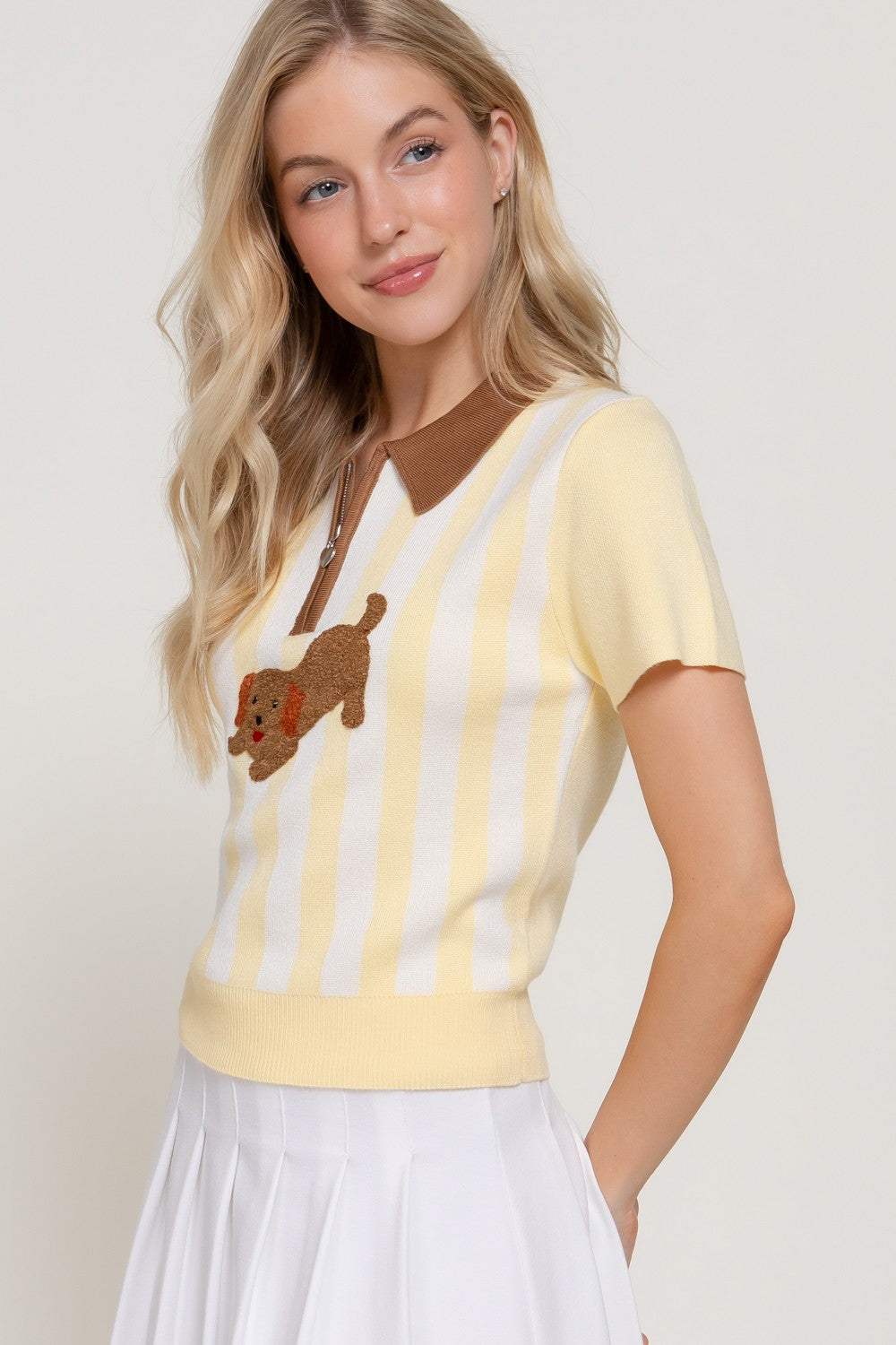 BISU Short Dog yellow Stripe Polo Women Top
